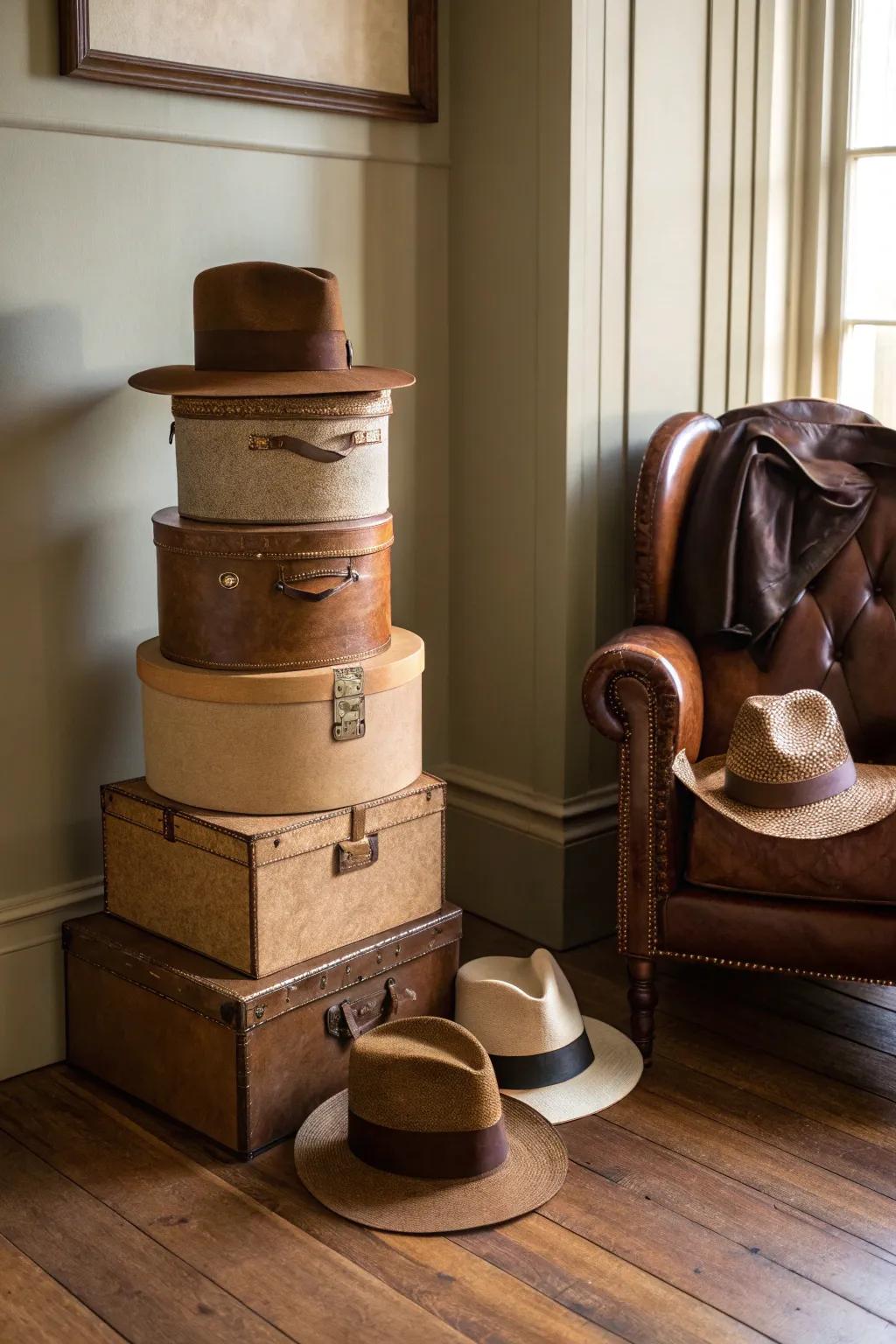 Elevate your space with a stylish stack of fedora hat boxes, where functionality meets elegance.