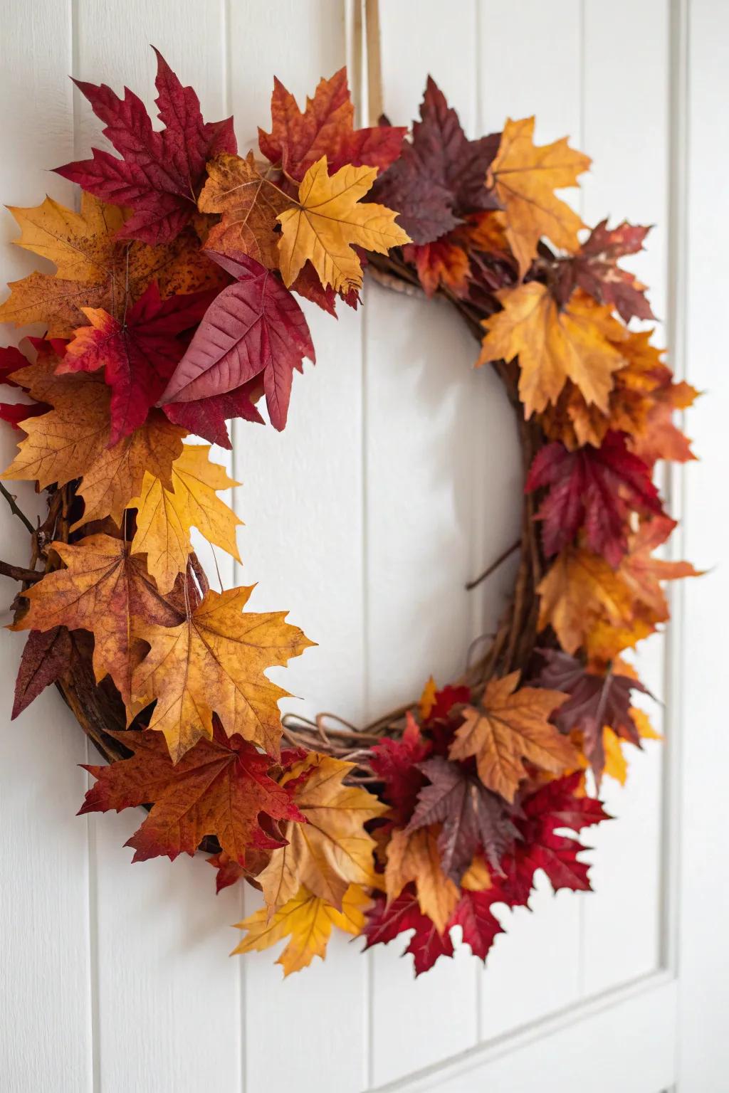 Embrace the cozy charm of autumn with this handcrafted leafy wreath, a perfect blend of nature and minimalist elegance.