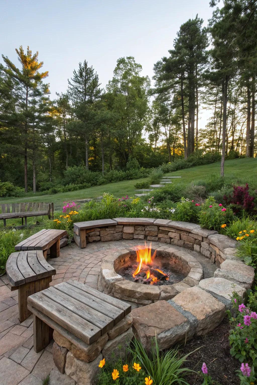 A rustic stone fire pit creates a charming, timeless gathering spot.