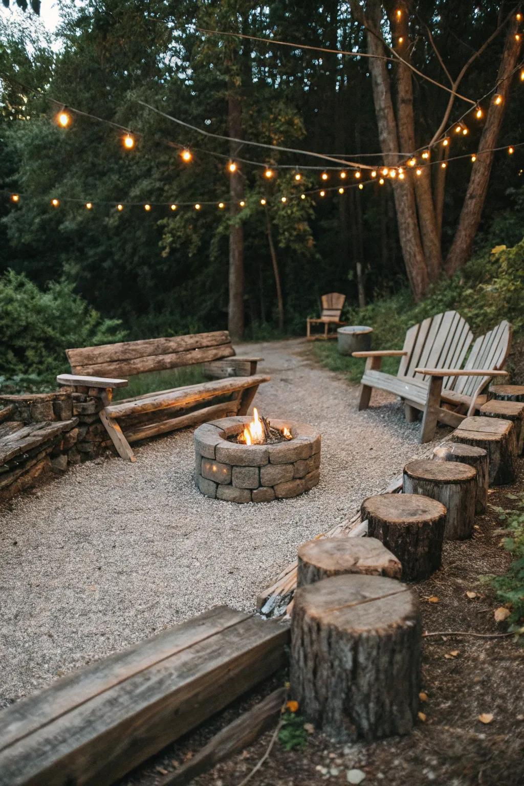 Gravel pads create a rustic and informal setting for fire pits.