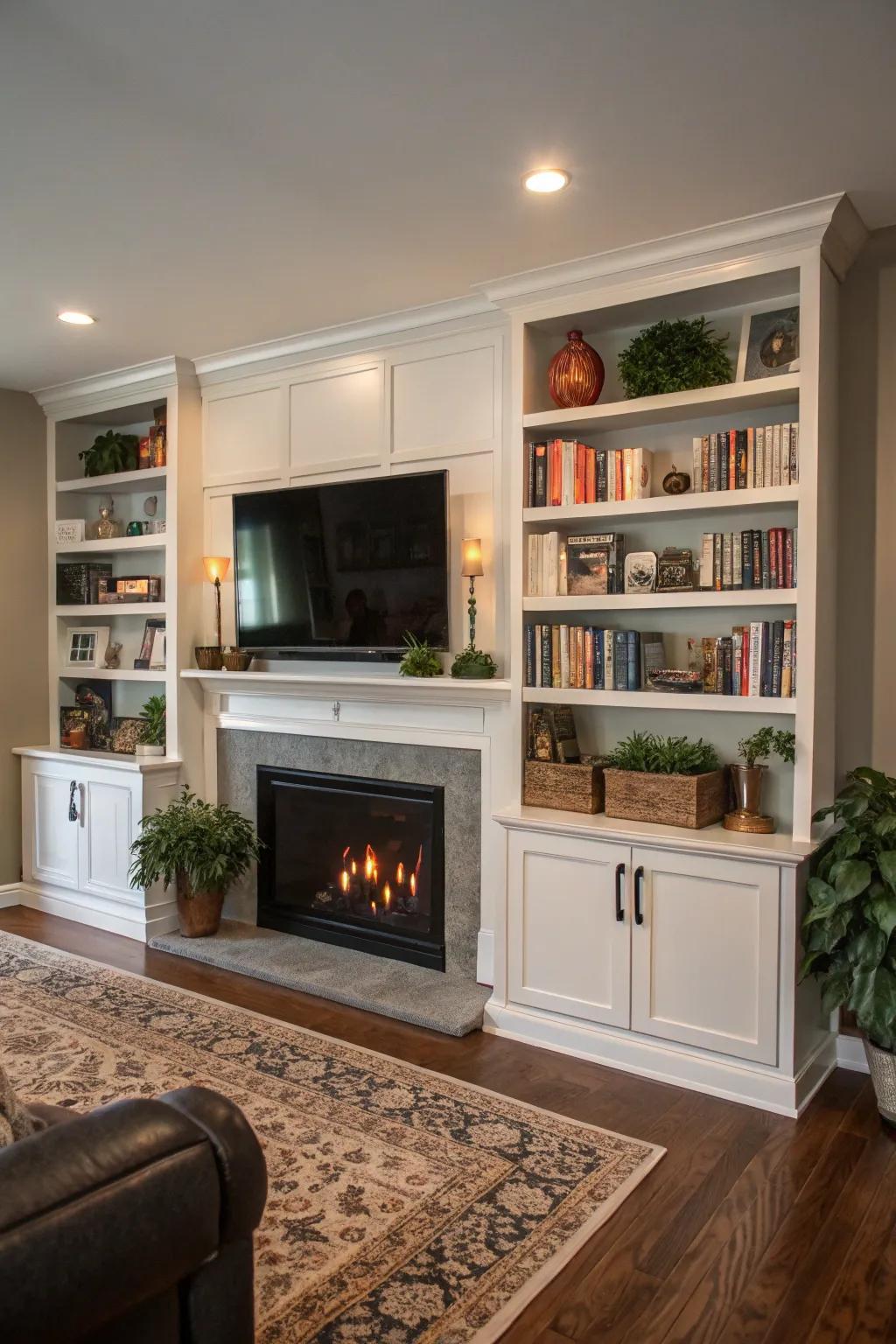 Built-in shelves add functionality and style around the fireplace and TV.