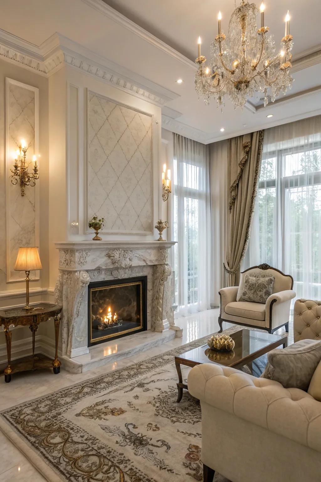 A marble fireplace exuding elegance and sophistication in a high-end living room.