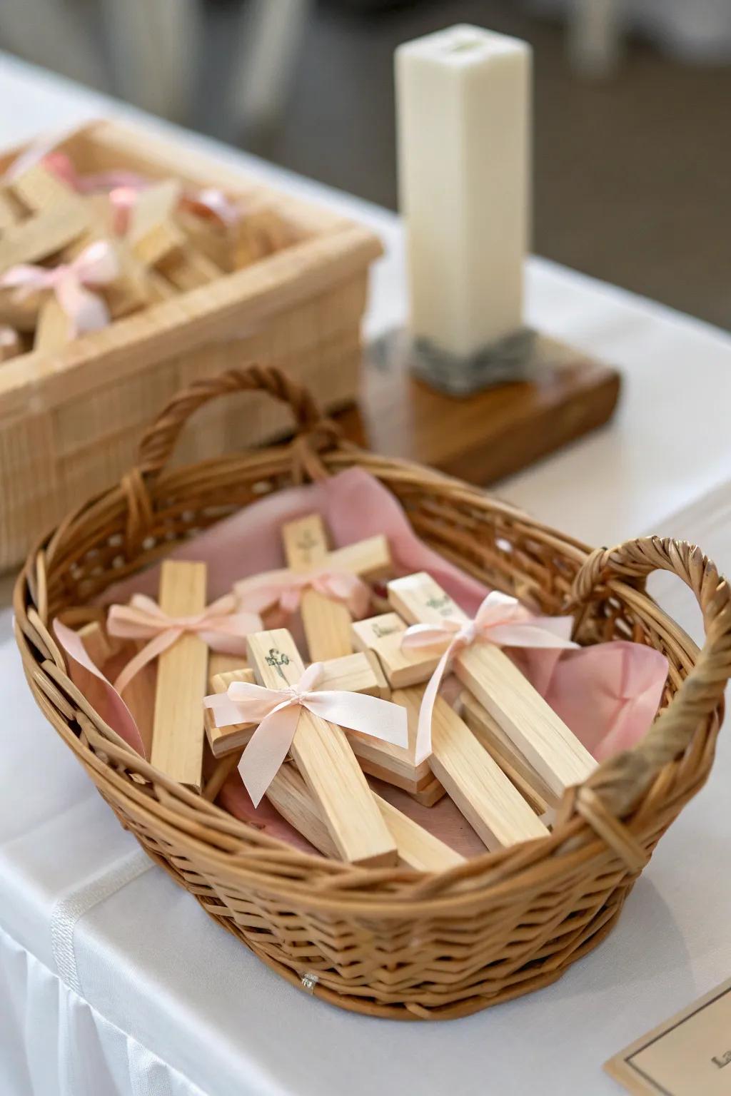 Elegant miniature crosses tied with satin ribbons.