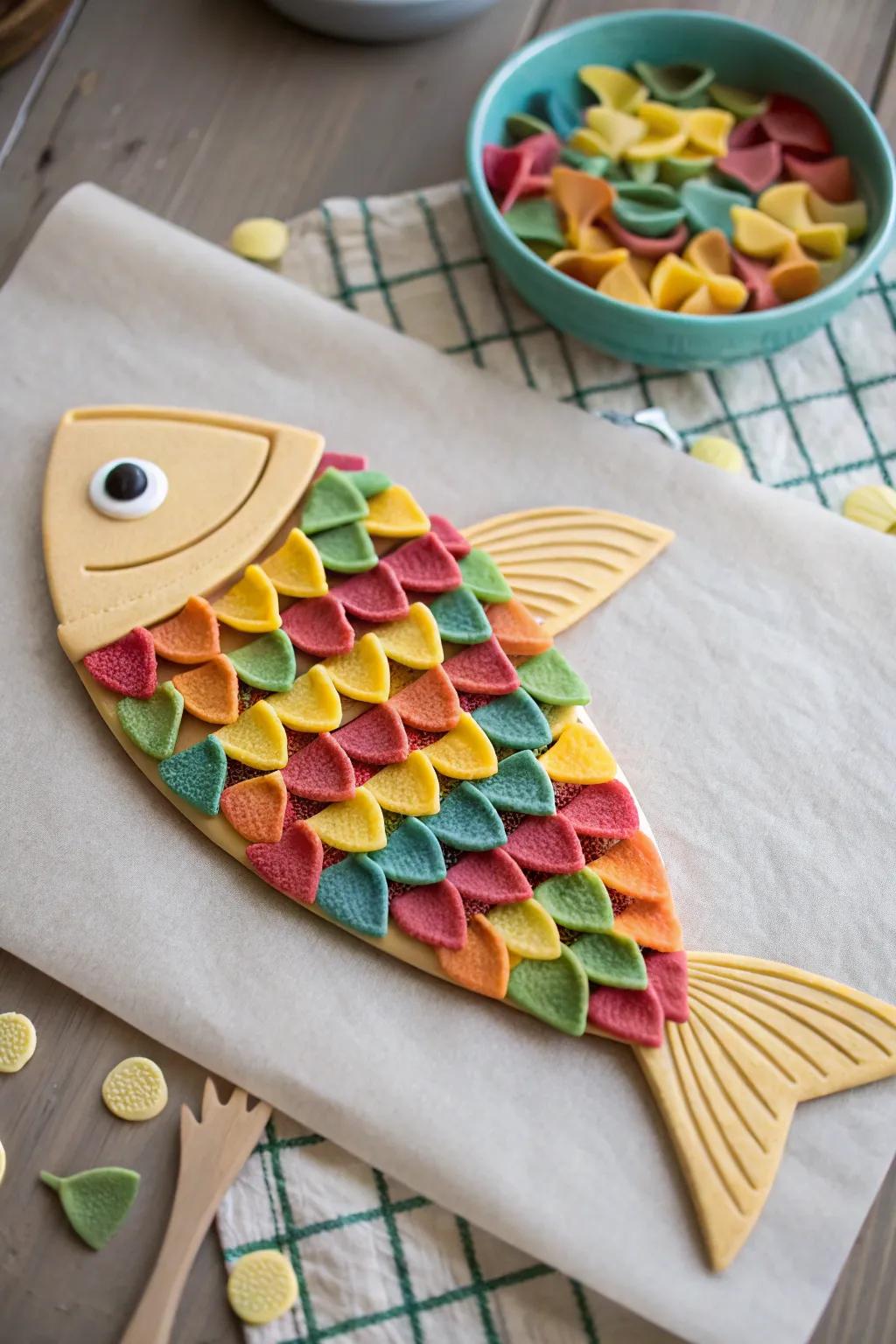 Add a unique touch to your fish crafts with colorful pasta scales.