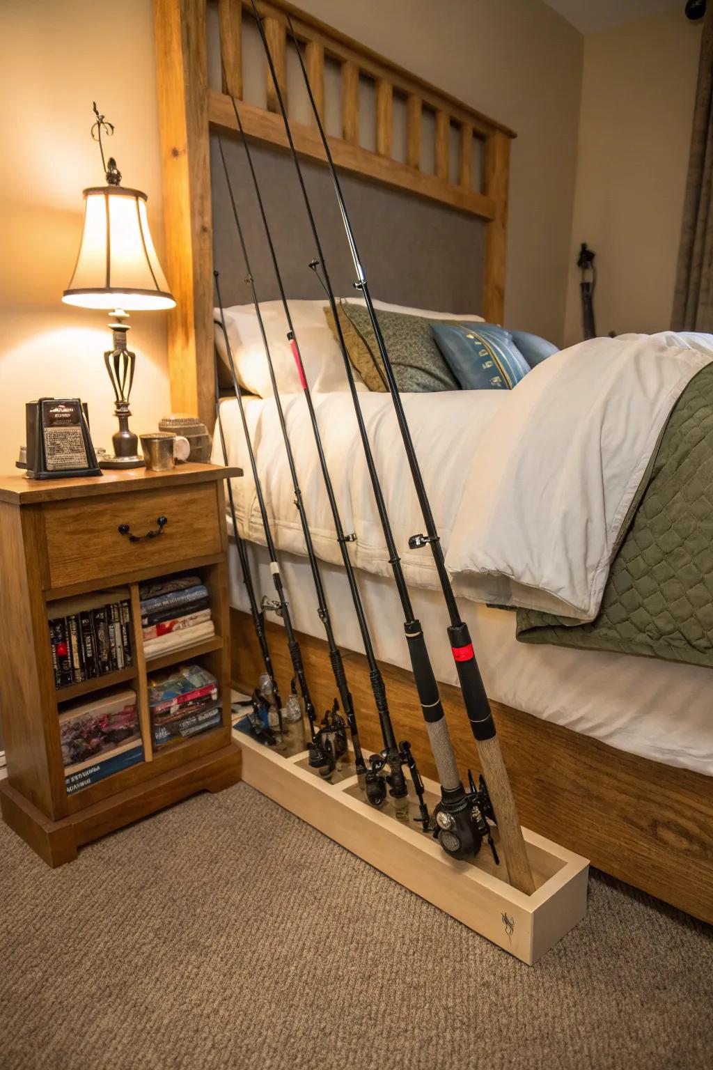 Under-the-bed rod storage is an excellent space-saving solution.