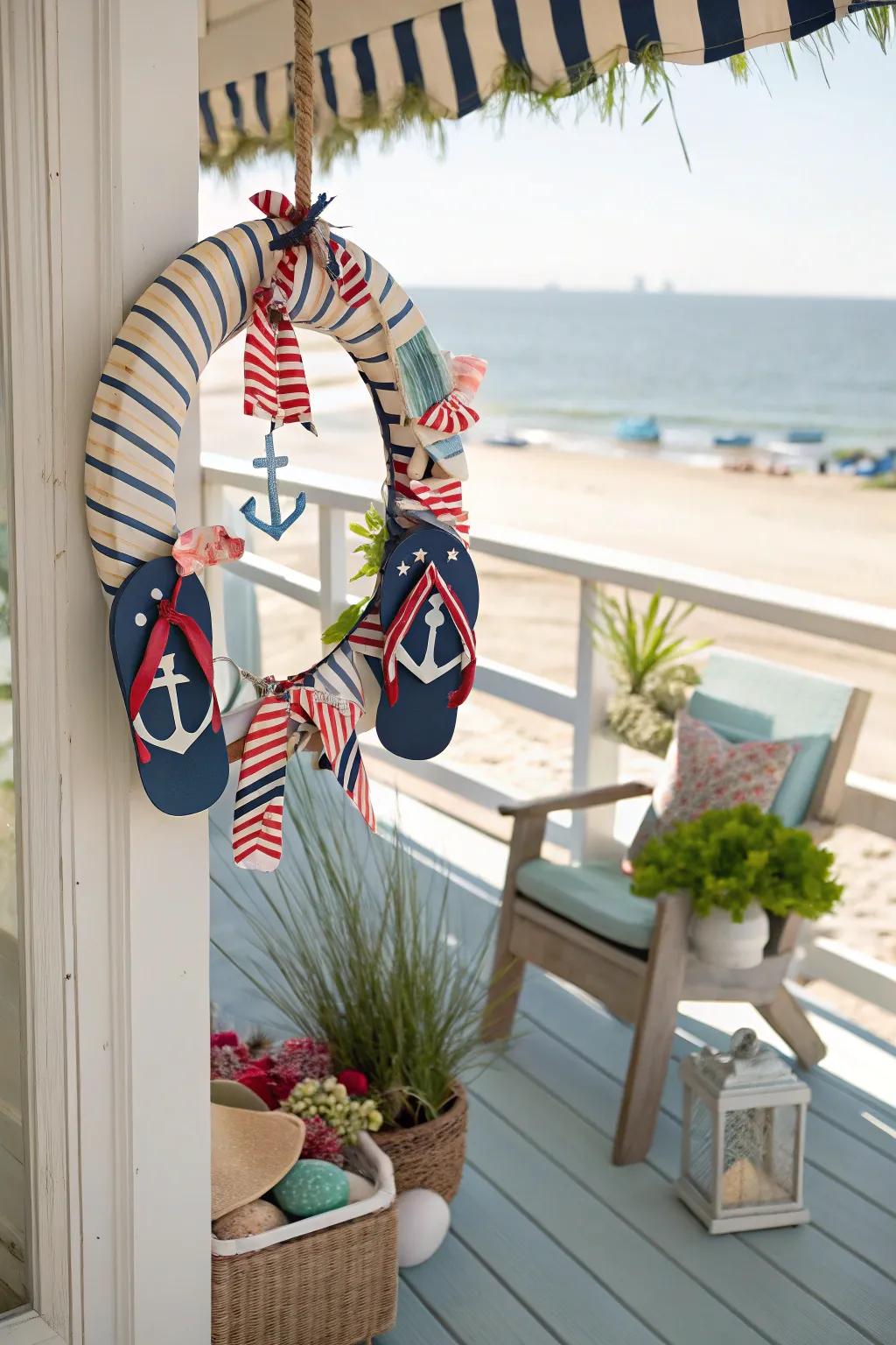 A nautical flip flop wreath, ideal for those who love the sea.