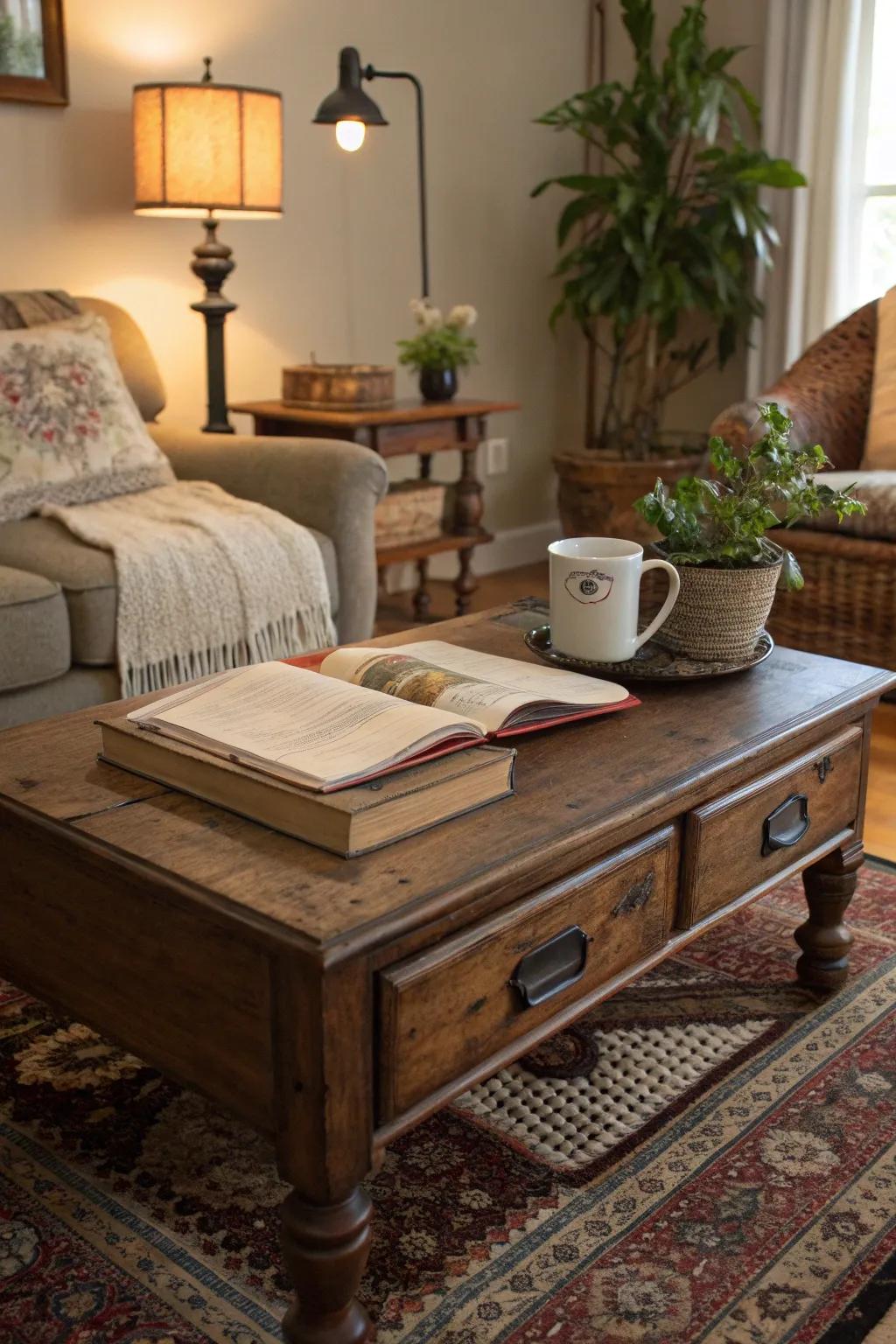 A vintage coffee table transformed into a charming floor desk.