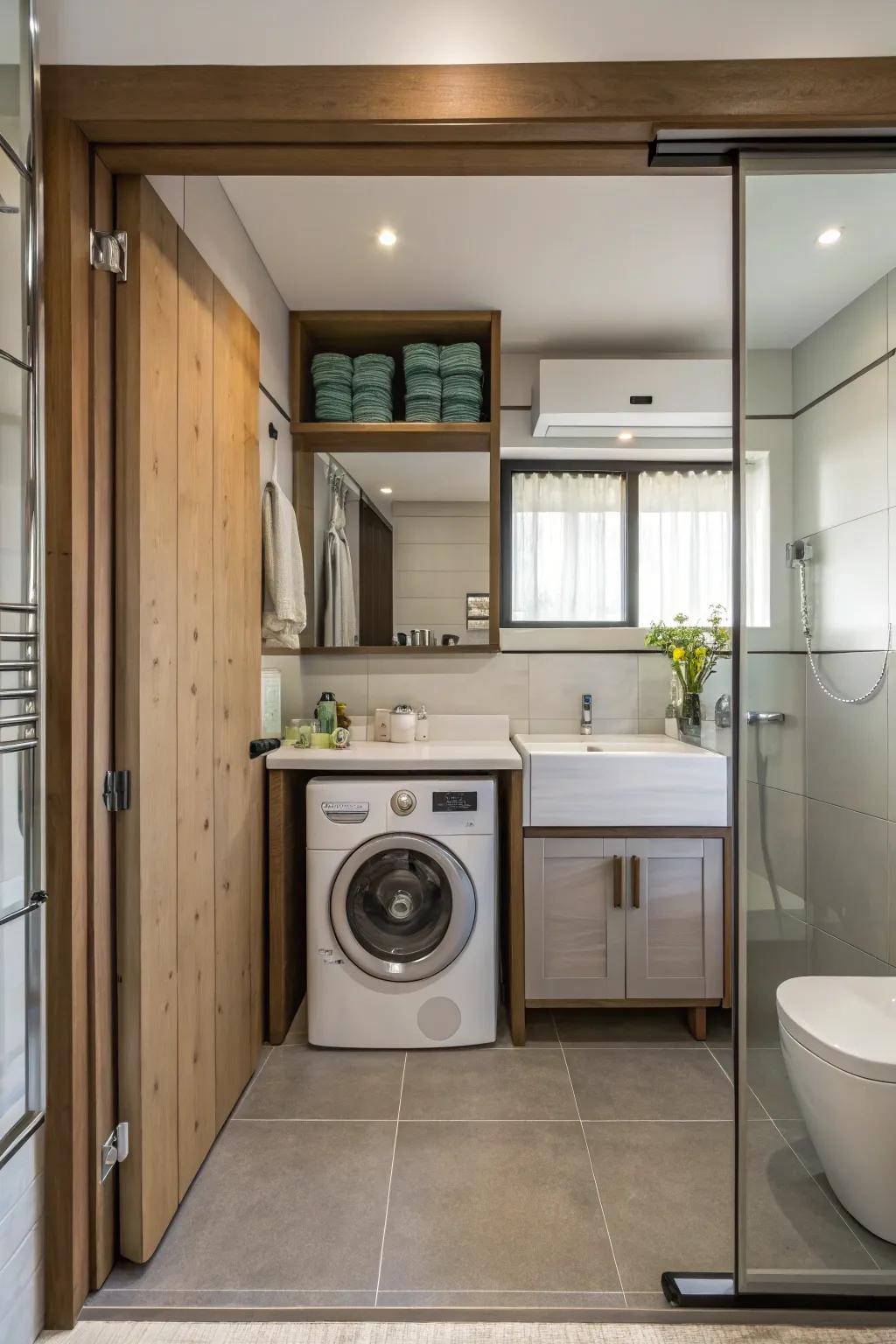 Keep your bathroom tidy by concealing the laundry area with stylish doors.