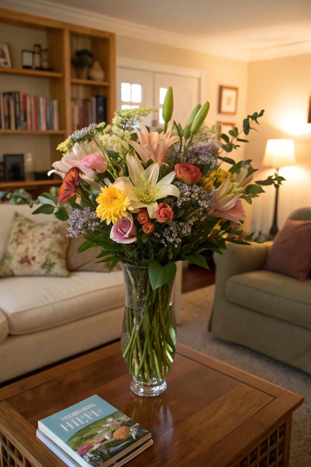 Mixed-height floral arrangement in an hourglass vase.