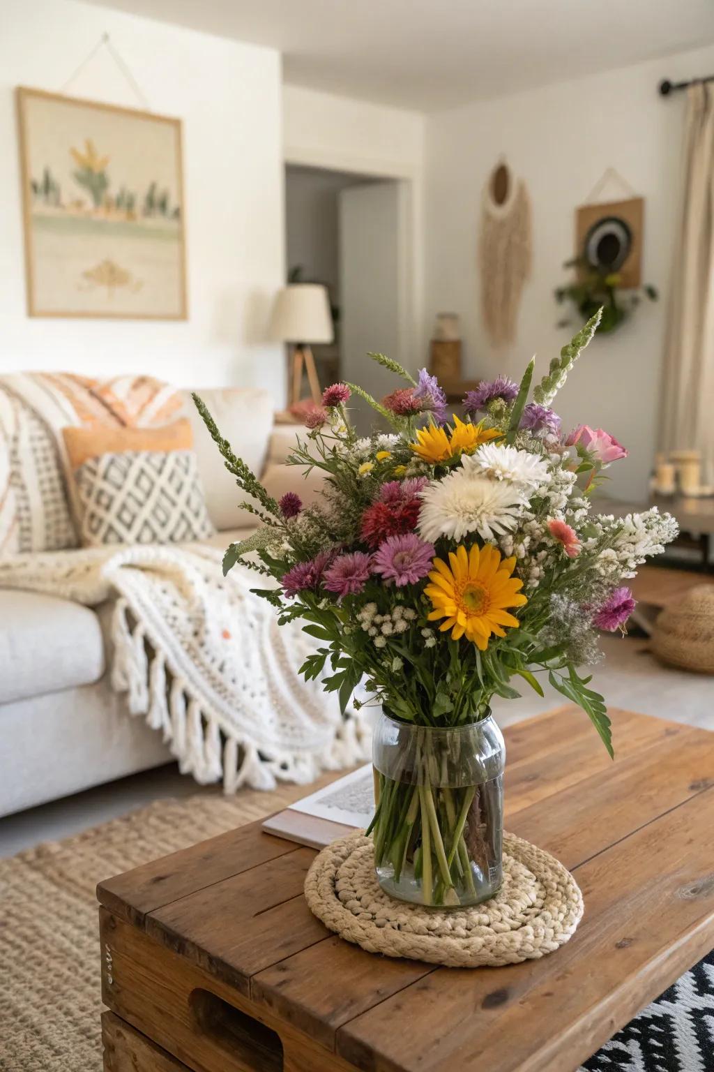 A wild and free-spirited bouquet that echoes a field of wildflowers.