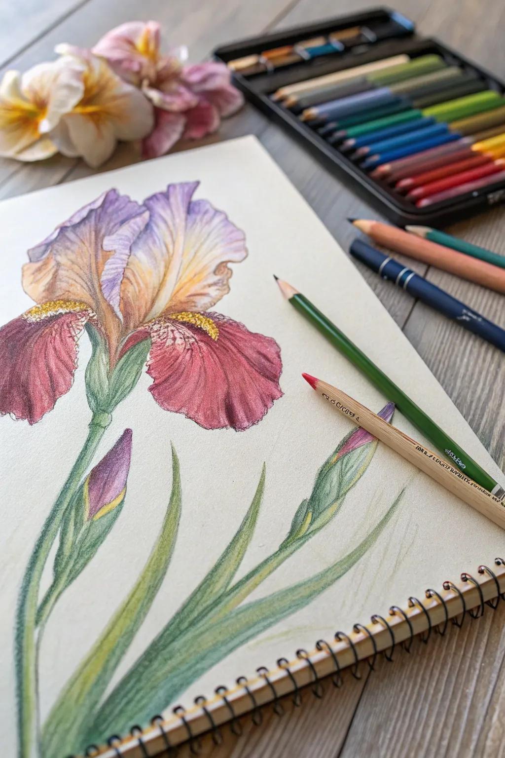 A vibrant iris drawing that showcases its unique structure.