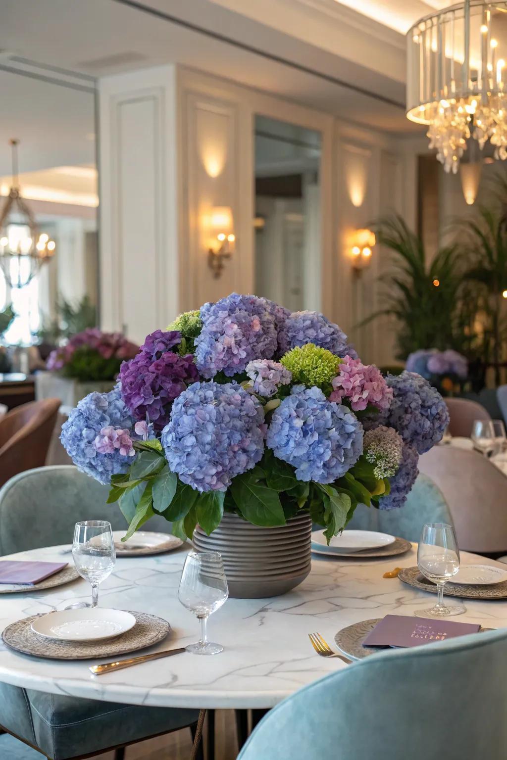 Hydrangeas create a voluminous and eye-catching centerpiece.