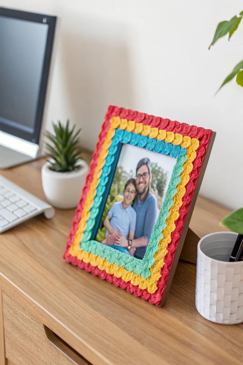 A vibrant foam paper photo frame to highlight precious moments.