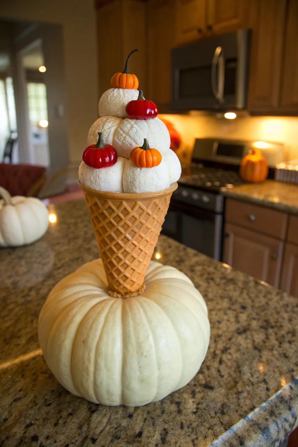 An ice cream cone pumpkin that's sure to satisfy your sweet tooth.