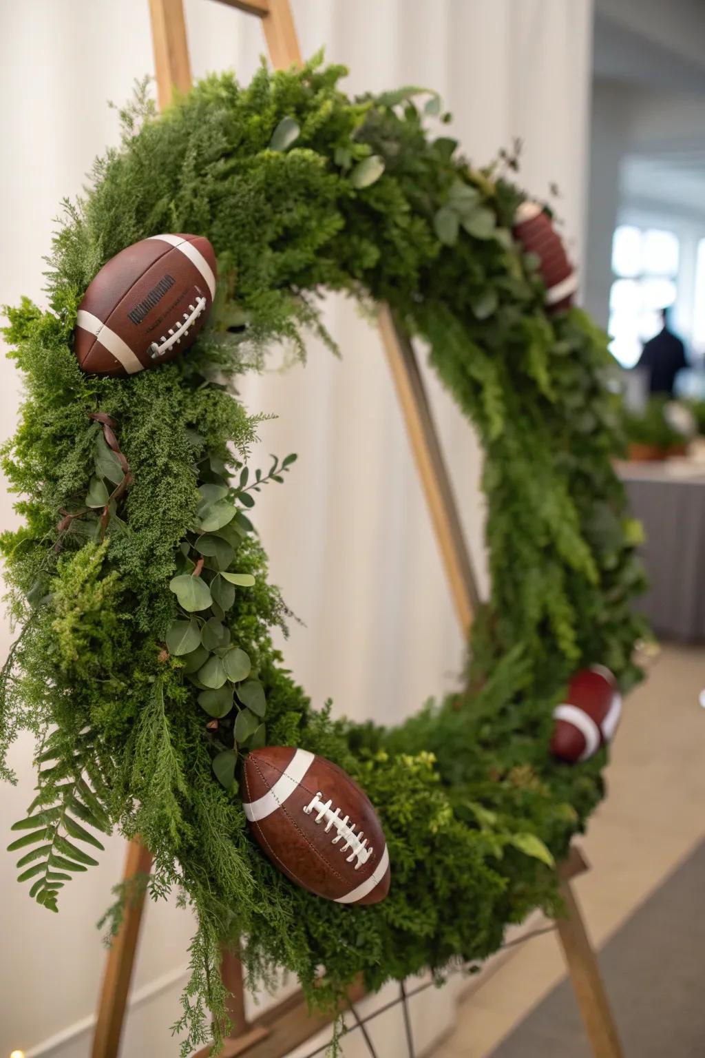 A fresh greenery wreath with subtle football touches for understated elegance.