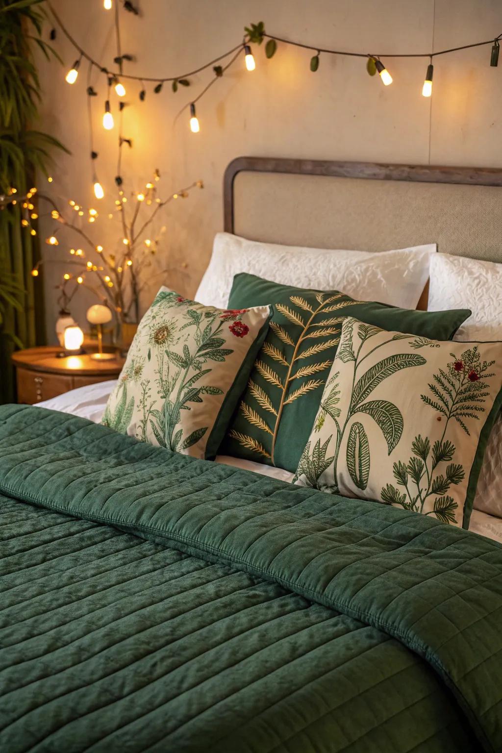 Botanical print pillows add a lively touch to forest green bedding.