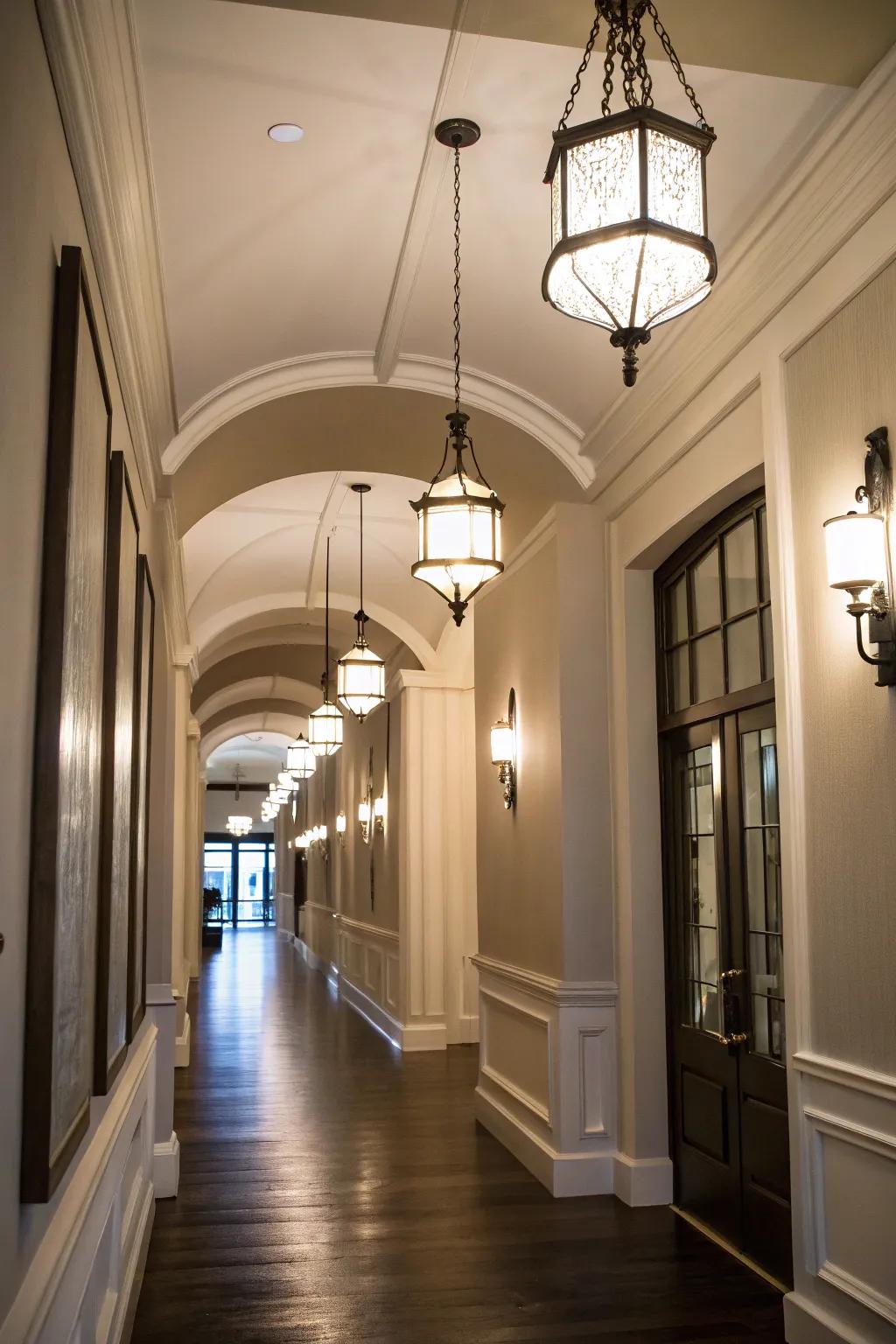 Pendant lights enhance the elegance of a long, narrow foyer.