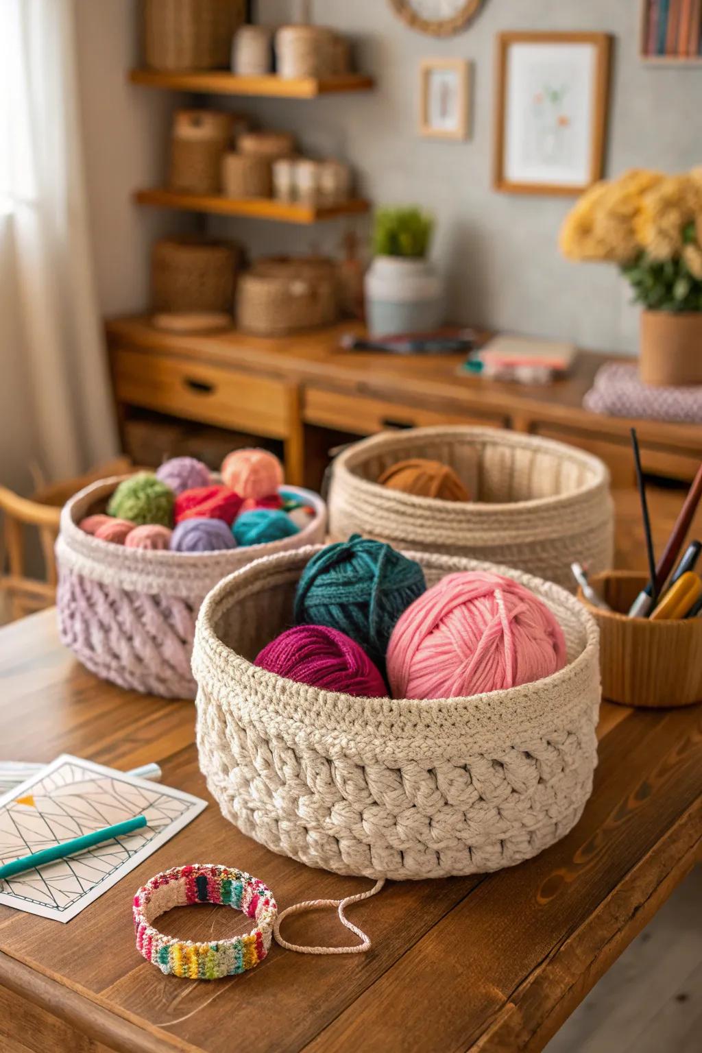 Textured crochet baskets perfect for stylish storage.