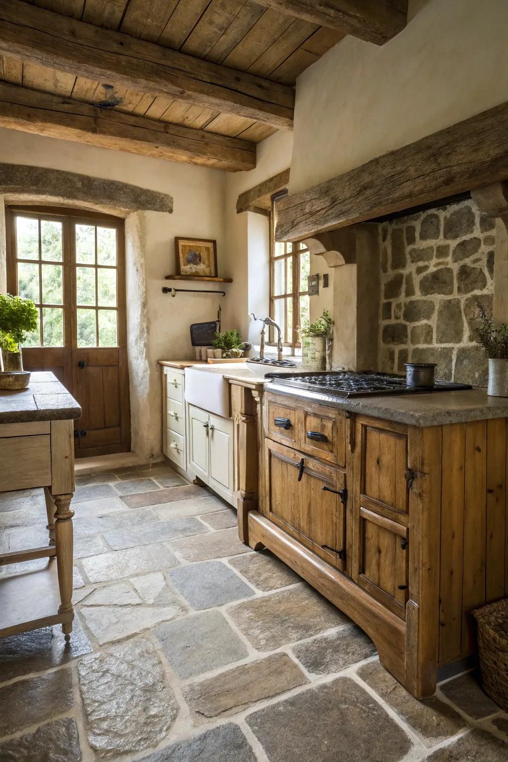 Classic stone flooring adds charm to a French country kitchen.