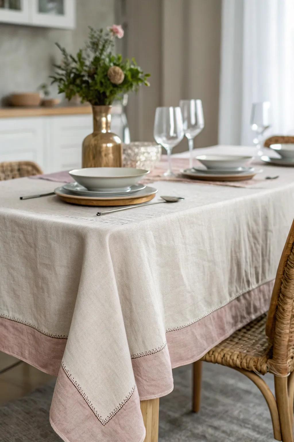 A linen tablecloth in muted tones offers a classic French elegance.