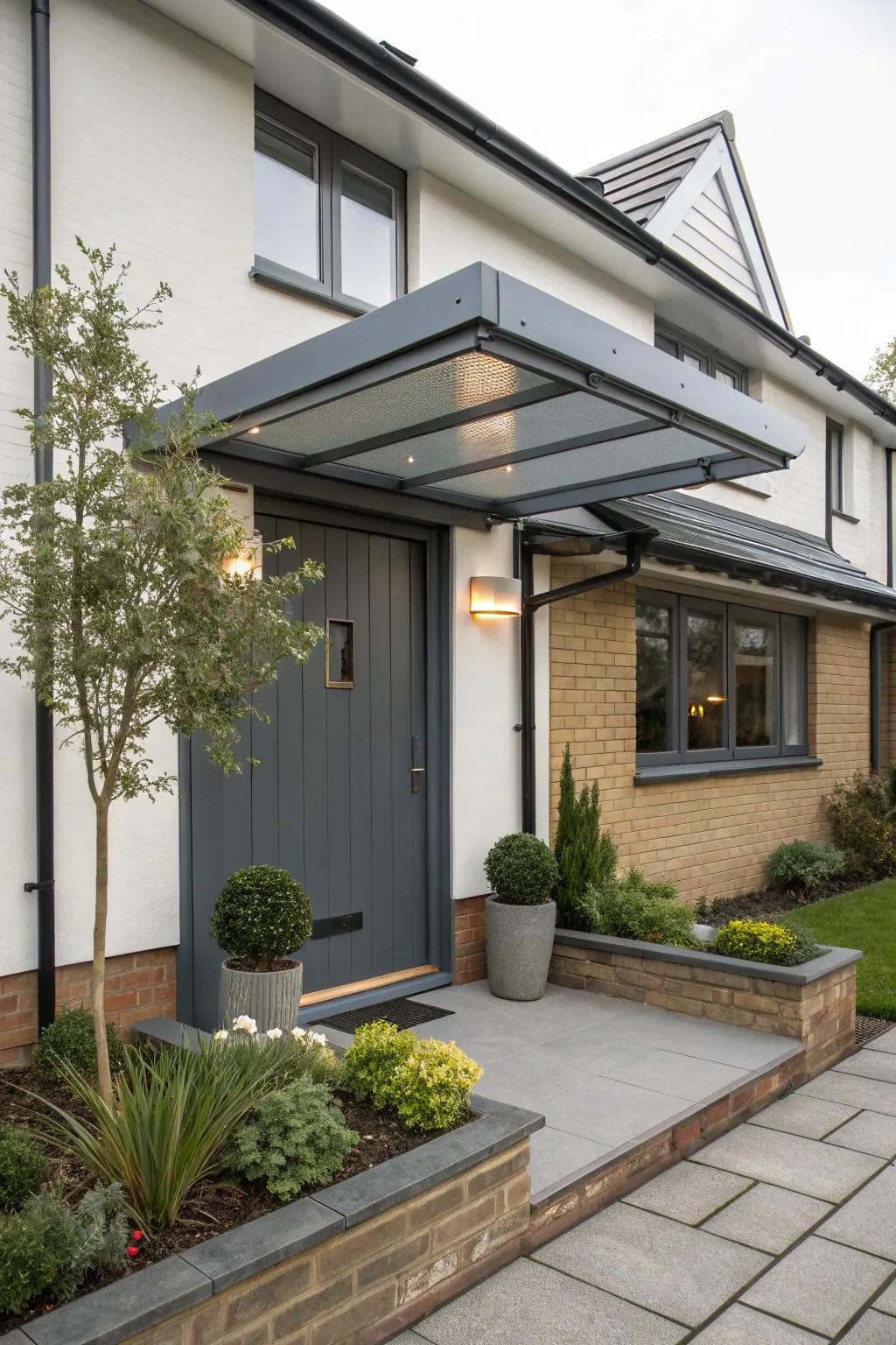 Eco-friendly zinc canopy complementing a modern home.