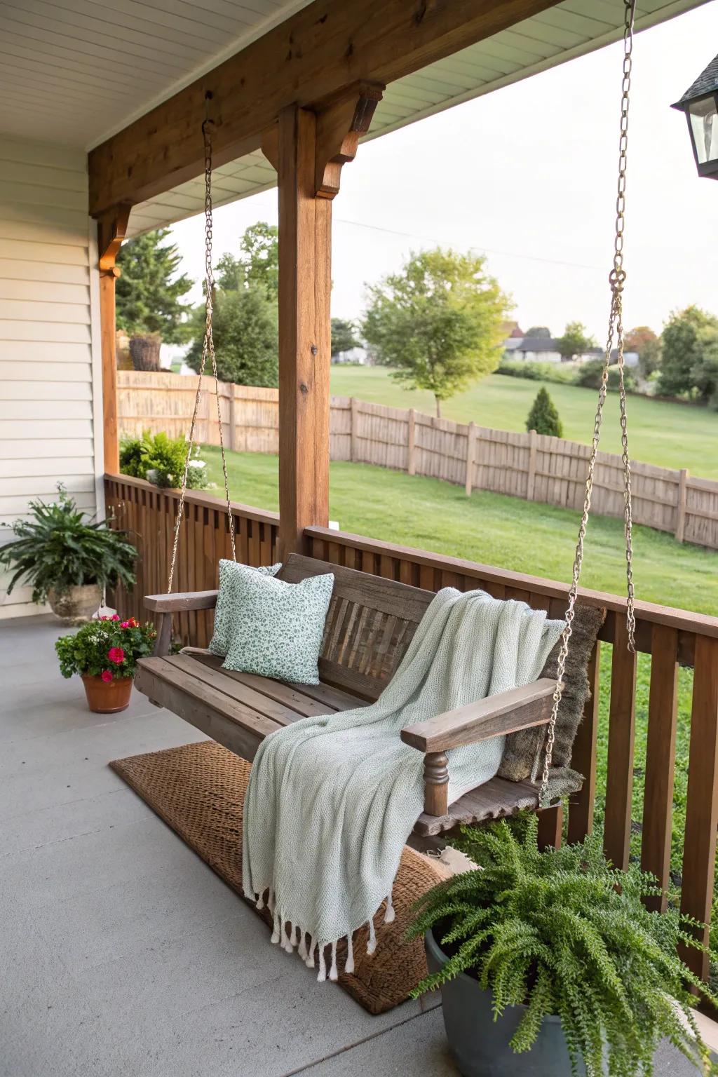 A classic swing adds charm and relaxation to any porch.