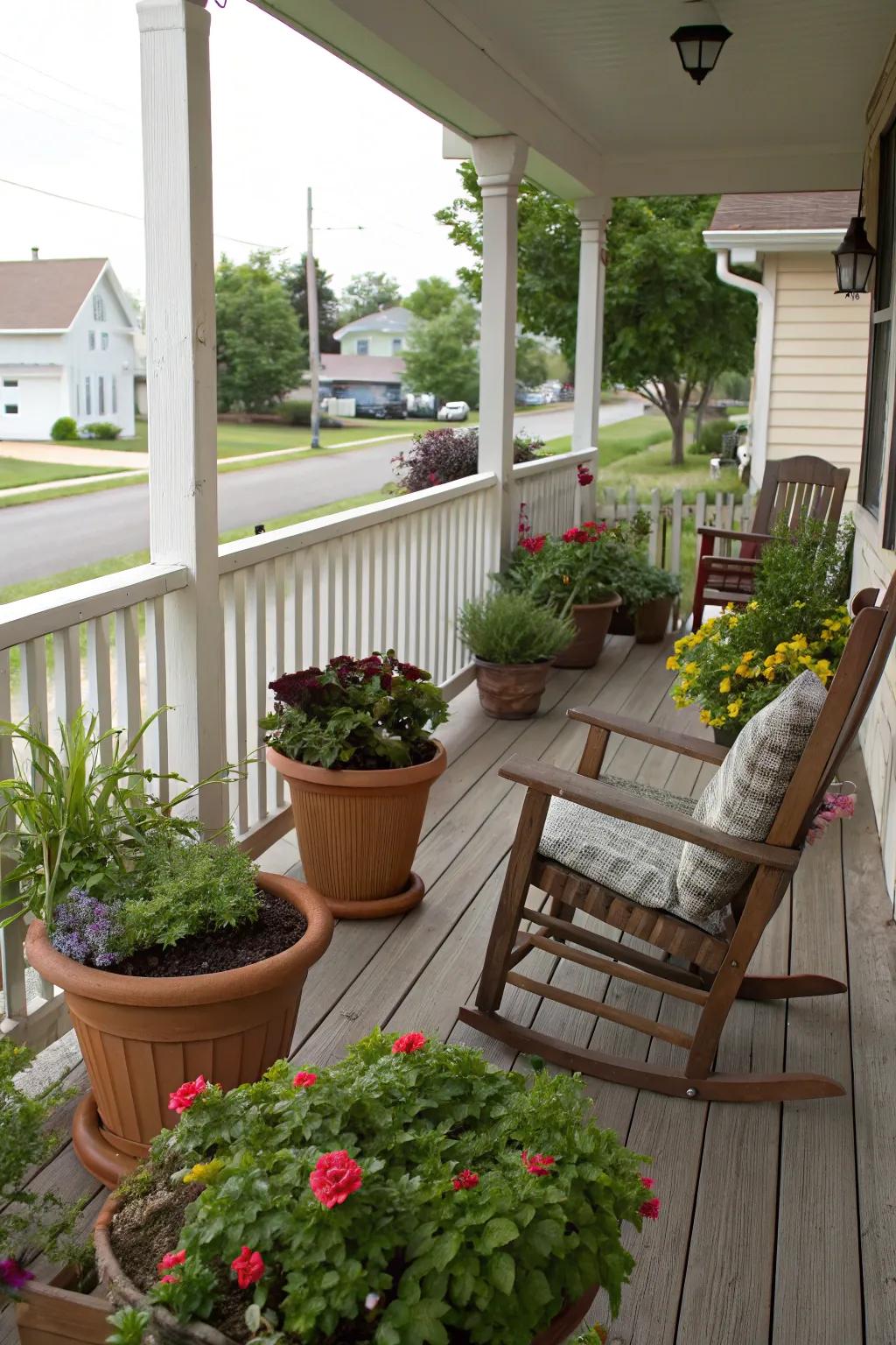 Potted plants bring life and color to the front porch.