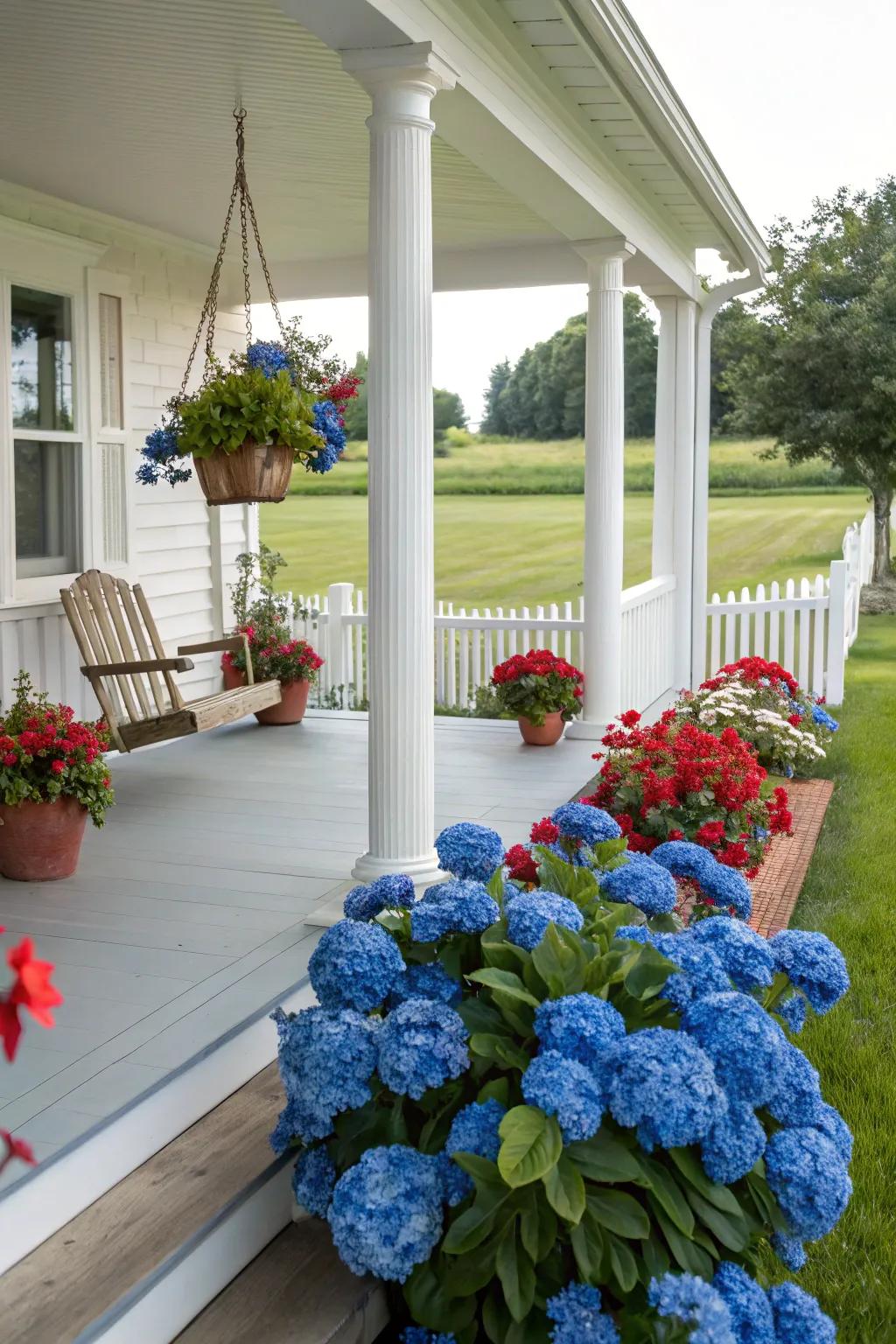 A patriotic palette of blue hydrangeas with red and white accents.