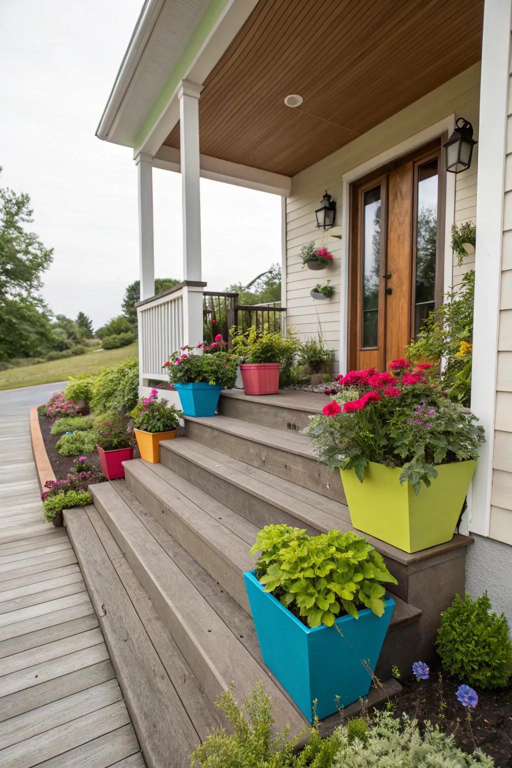 Modern wood steps complemented by colorful planters.