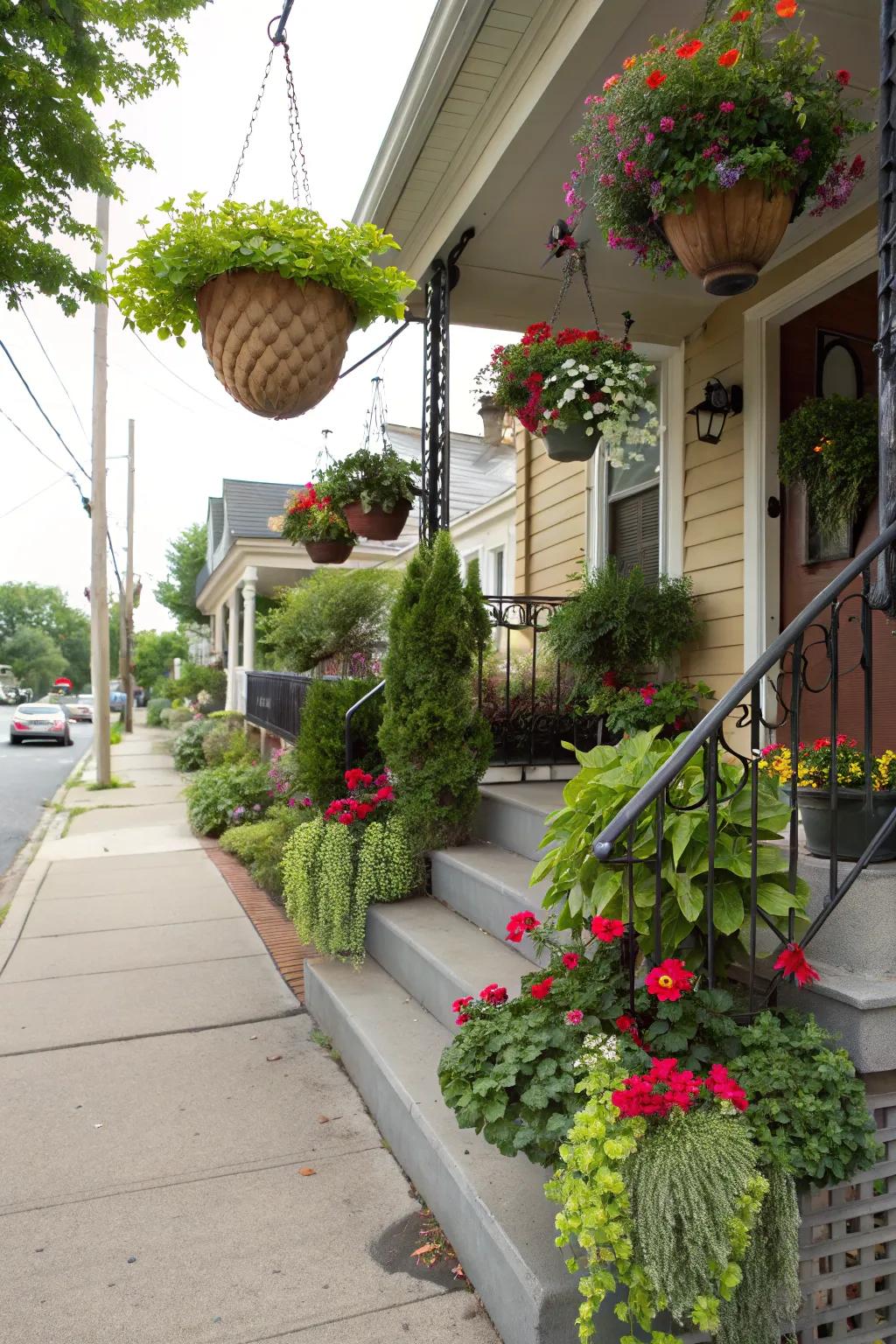 Varying planter heights create a lush, inviting front stoop.