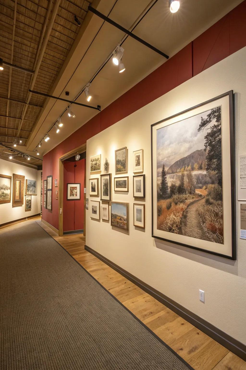 An asymmetrical gallery wall centered around a large art piece.