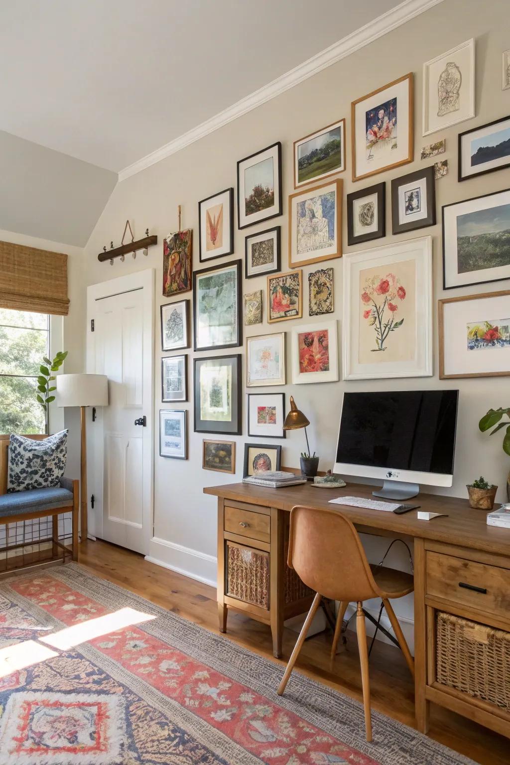 An eclectic display of various art styles and frame designs adds character to this office.