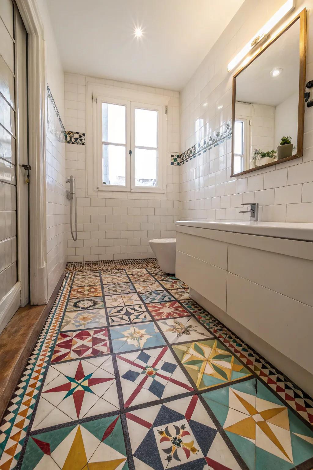 Intricate tiles add personality to a compact bathroom.