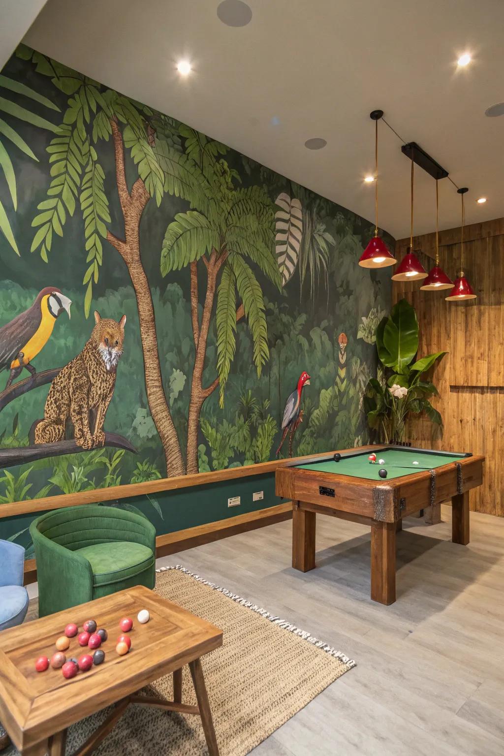 A game room with a jungle adventure mural, perfect for nature lovers.