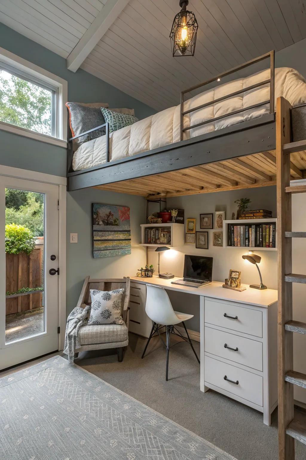 A loft bed is a smart way to use vertical space in a garage bedroom.