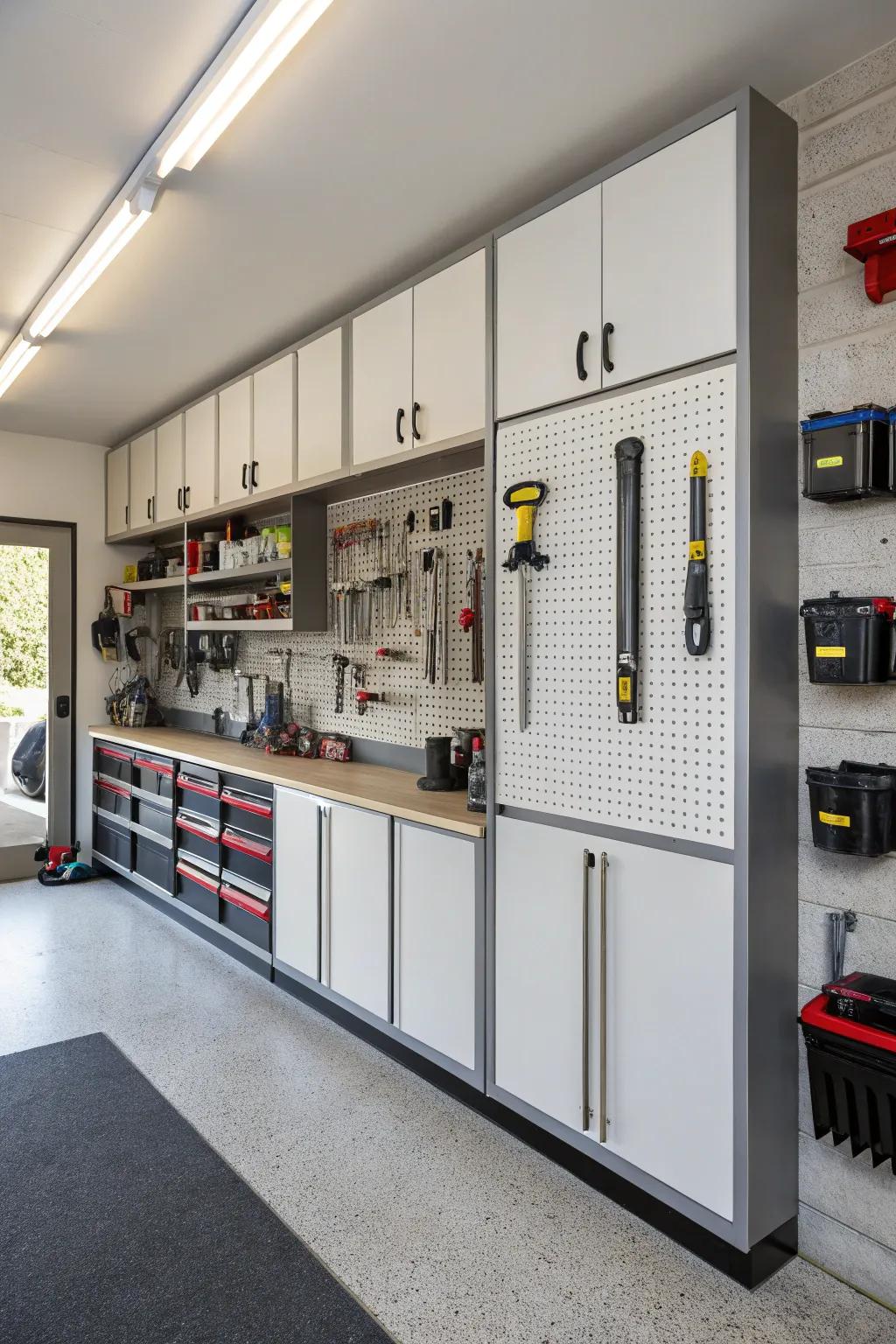 Wall-mounted cabinets keep your garage organized and tidy.