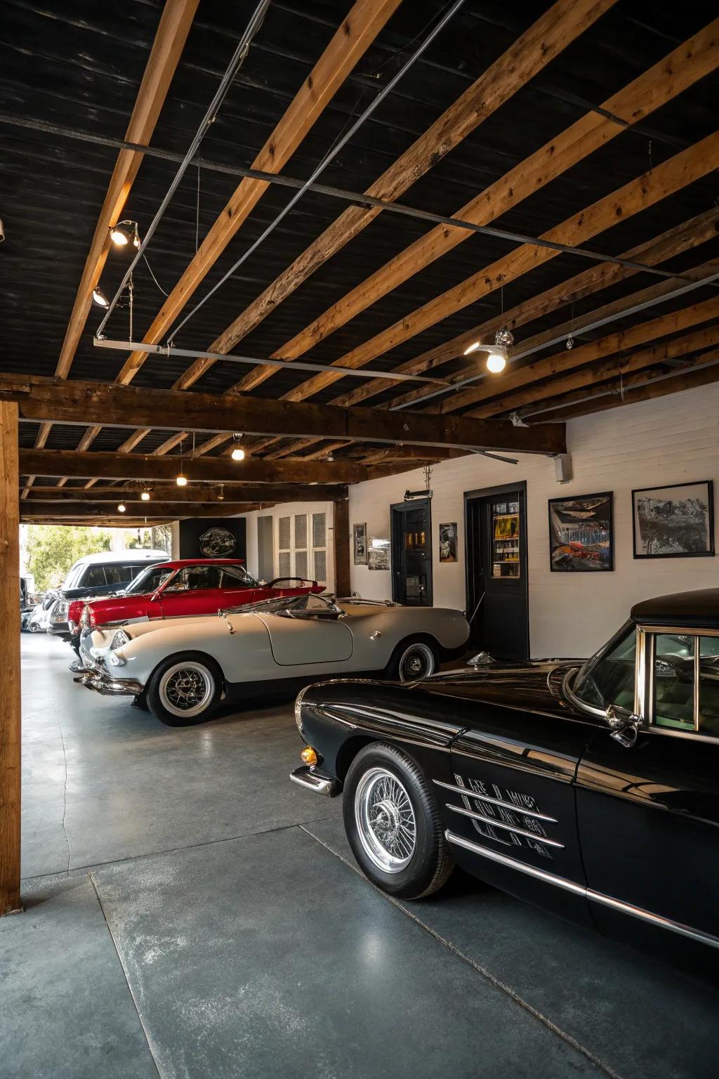 A black ceiling adds drama and sophistication to any garage.