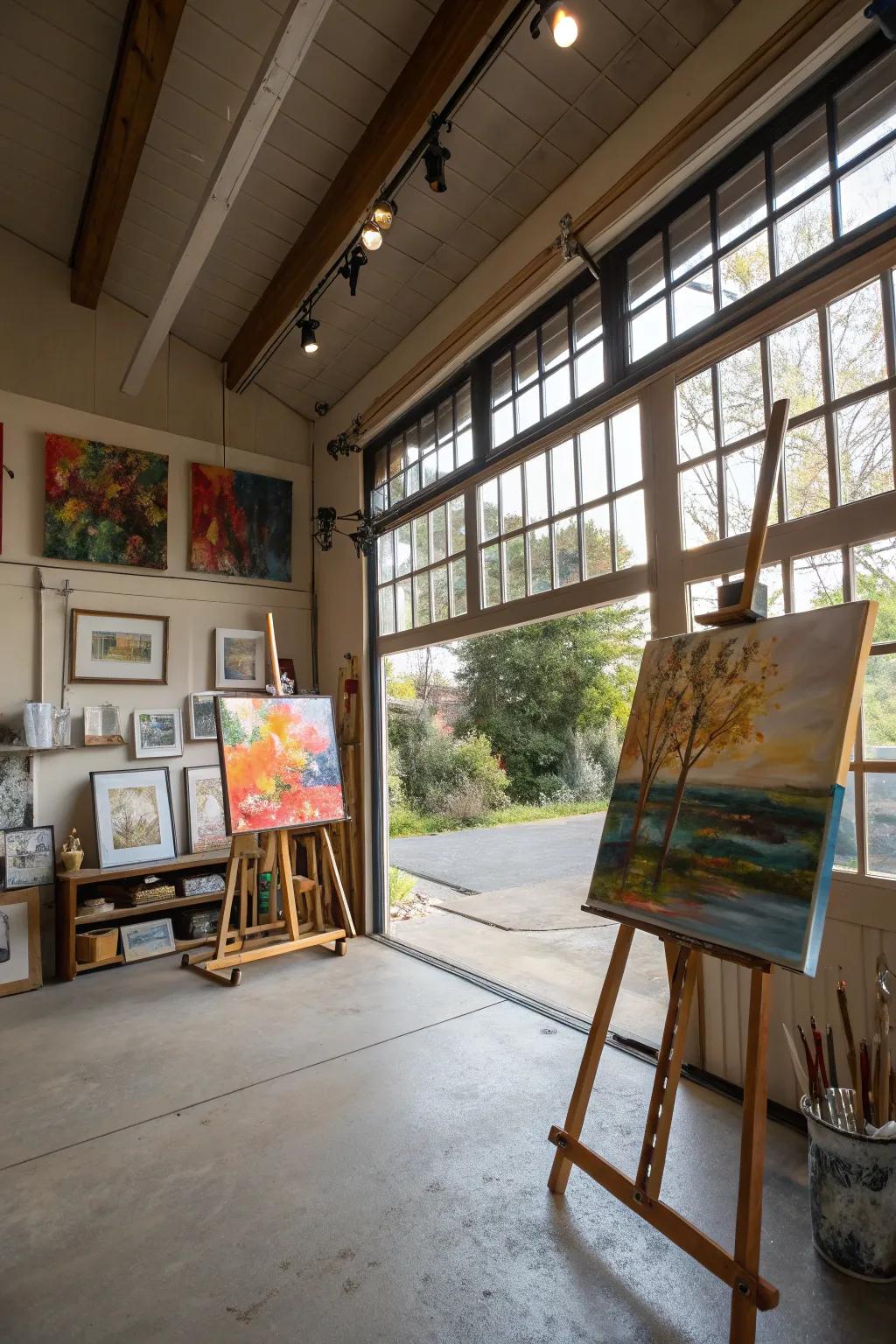 A bright and inspiring art studio in a converted garage.