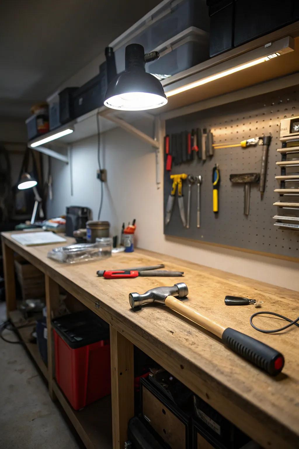 Under-cabinet lighting provides focused illumination for workbenches and detailed tasks.