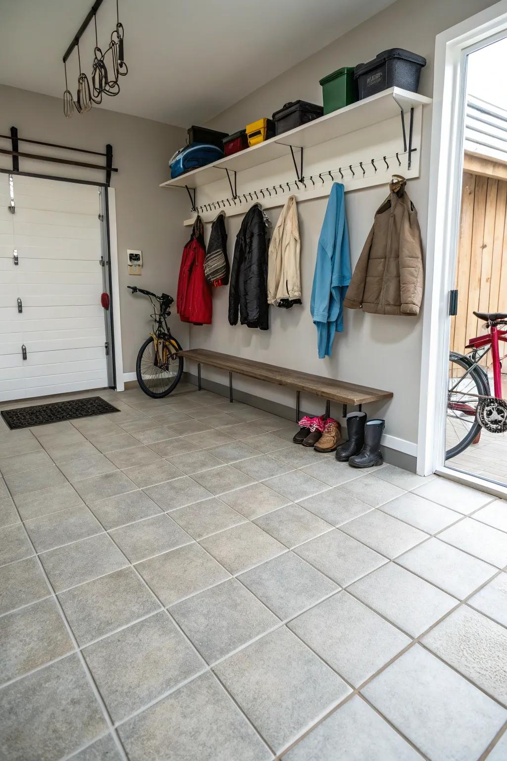 Ceramic tile flooring adds durability and style to a garage mudroom.