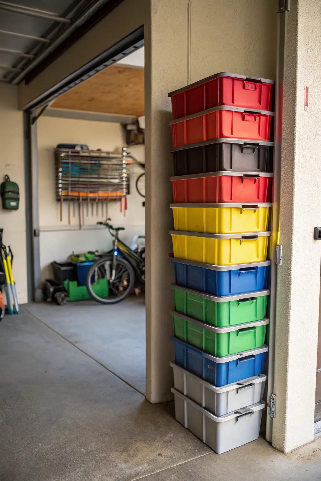 Vertical stacking of bins maximizes space and improves organization.