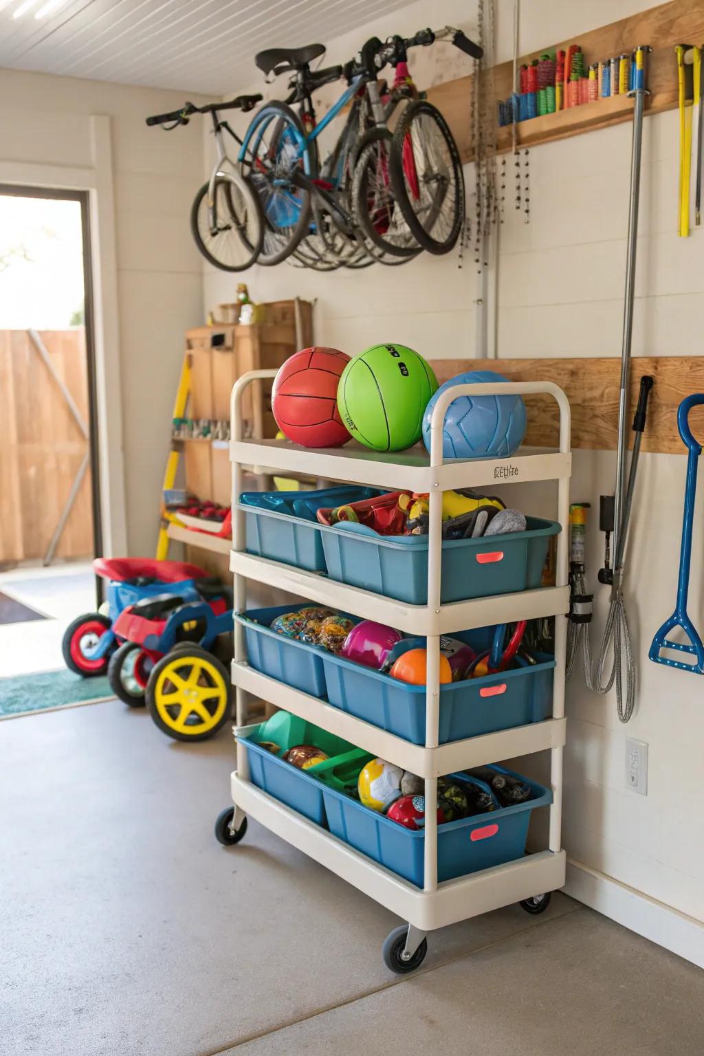 A rolling toy cart makes it easy to transport and access frequently used items.