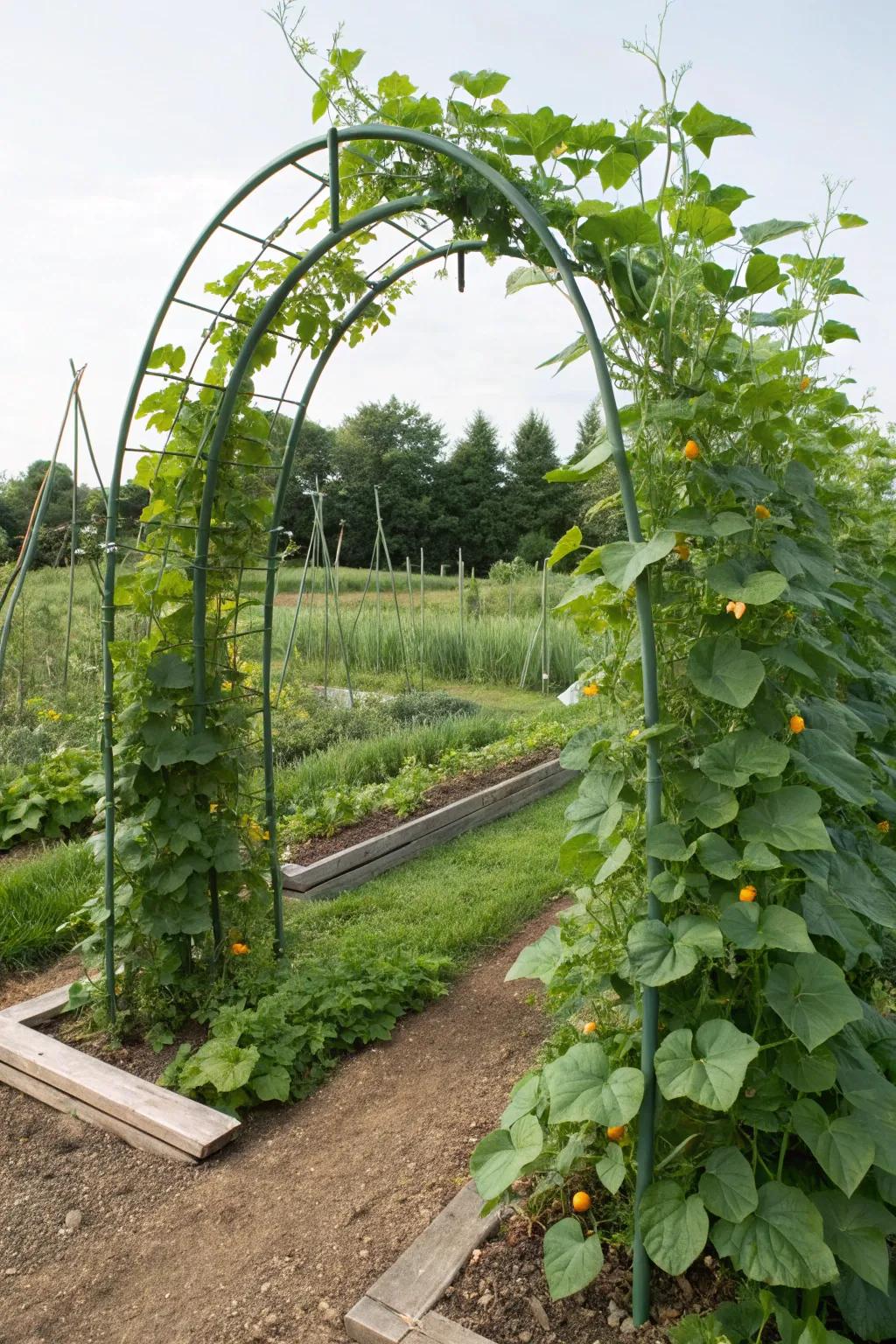 A vertical vegetable garden on an arch trellis.