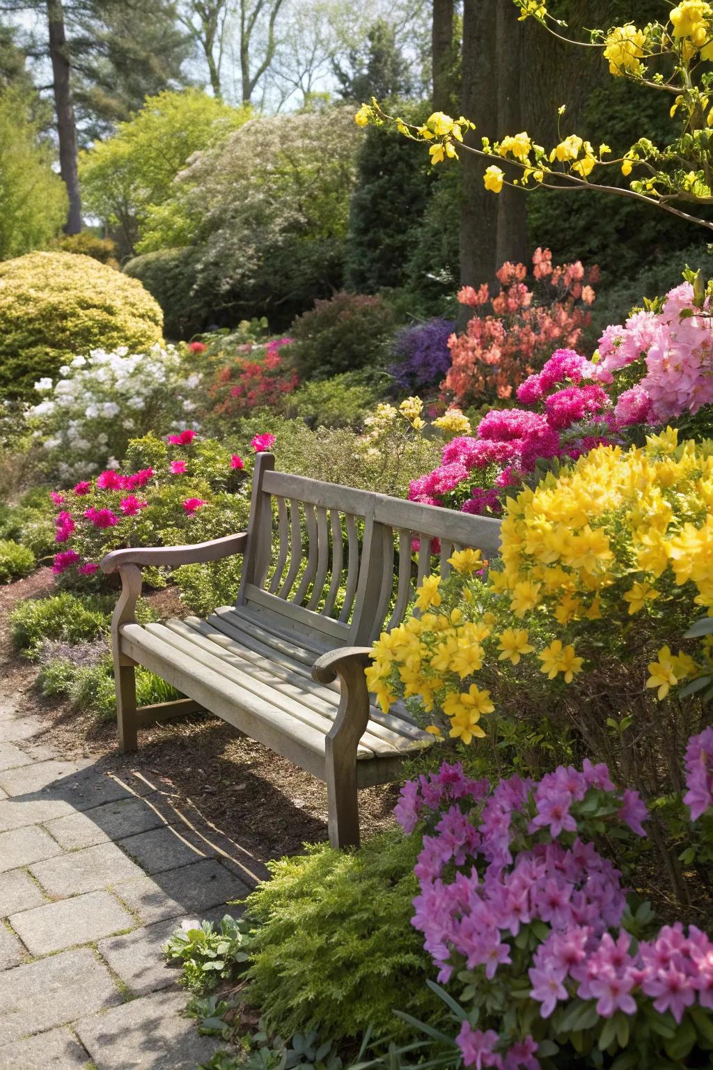 Transform your bench into a floral wonderland with surrounding blooms.