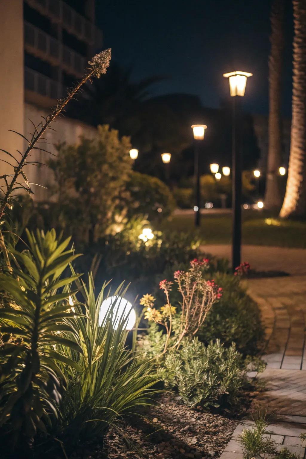 Spotlights enhance the natural beauty of your garden's features.