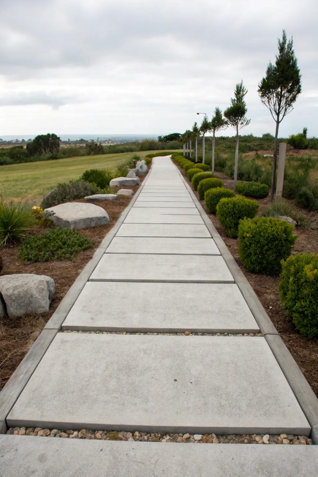 Modern concrete slabs in a minimalist garden.