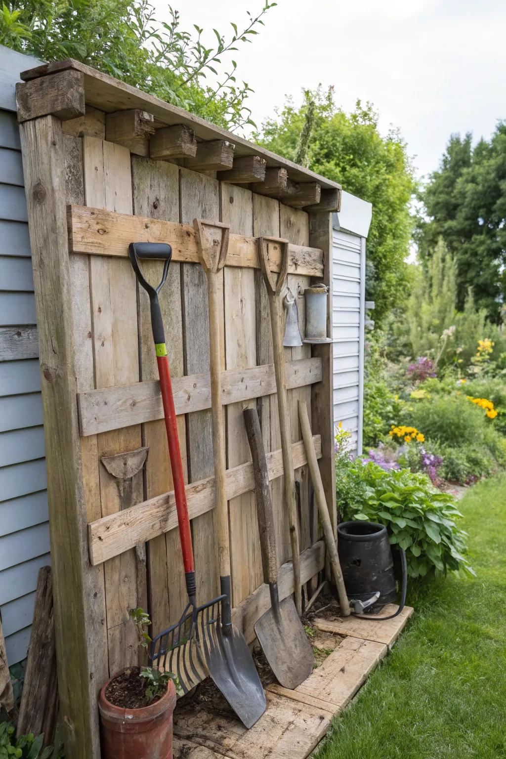 An old pallet can serve as a rustic and cost-effective garden tool rack.