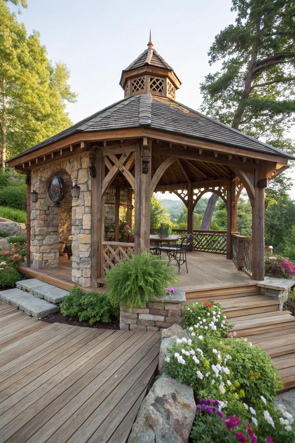 Add rustic charm to your deck with a wood and stone gazebo.