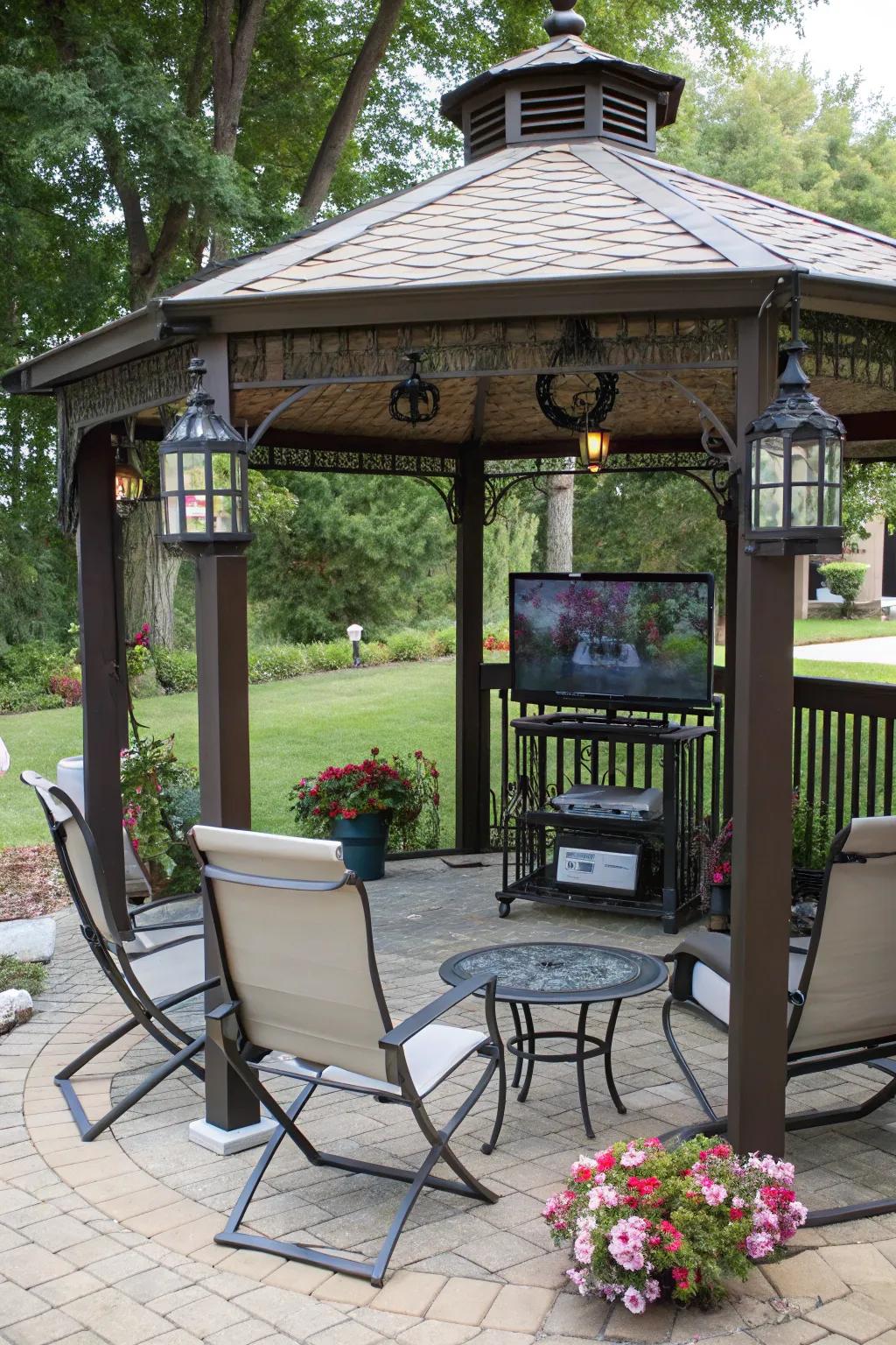 A portable stand offers versatility for your gazebo's TV setup.