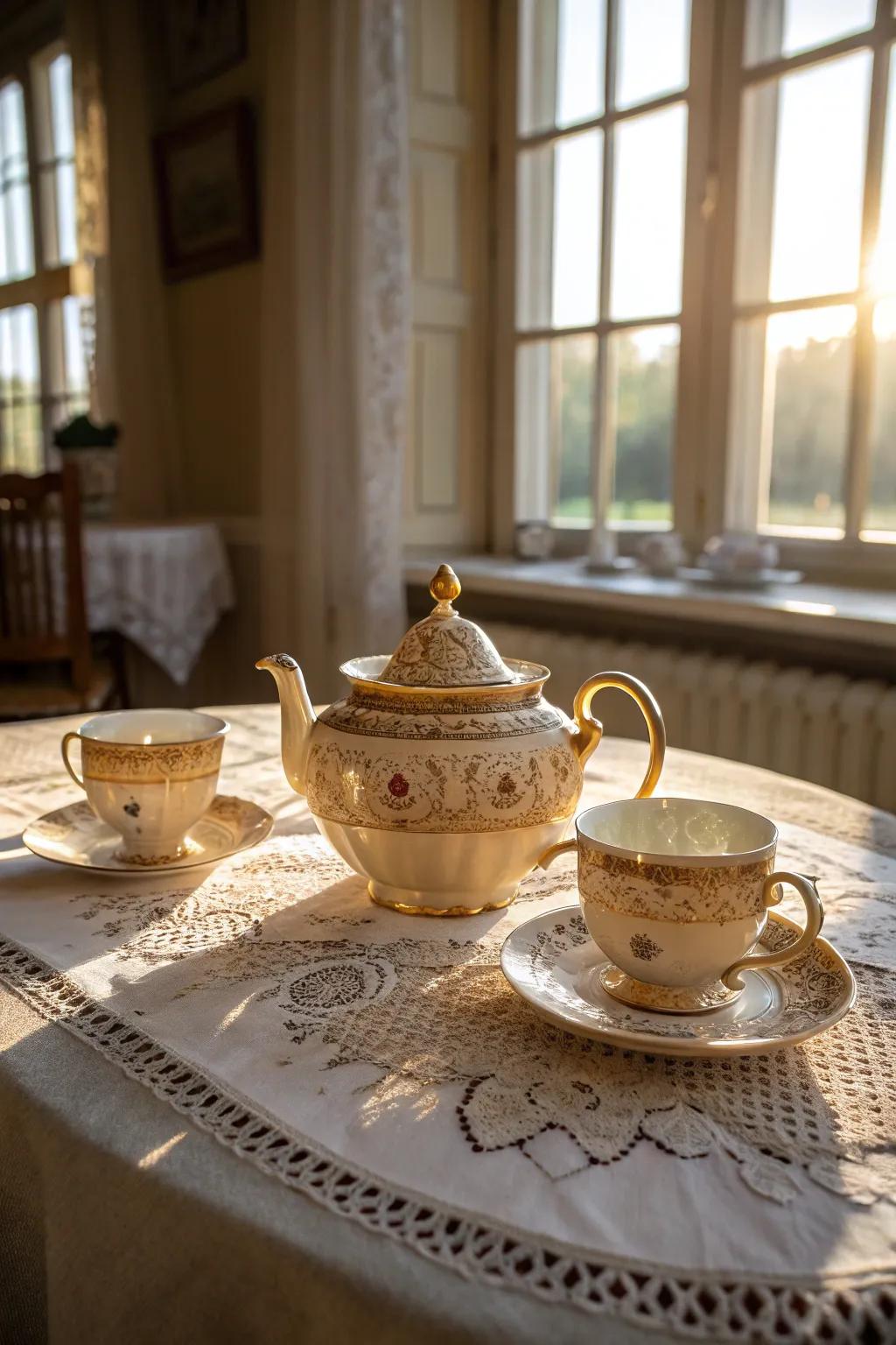 A beautiful teapot set adds elegance to her tea time.